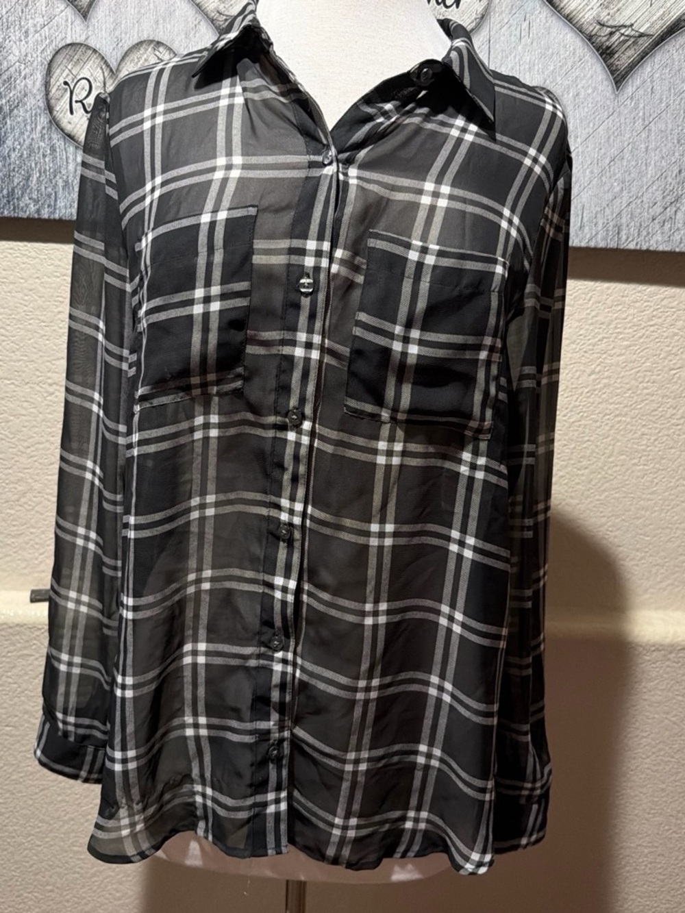 Guess Black and White Plaid Button-Down Blouse